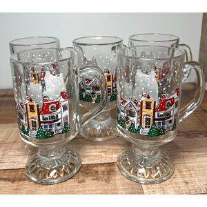 Luminarc Set 5 Christmas Winter Holiday Village Pedestal Irish Coffee Latte Mug